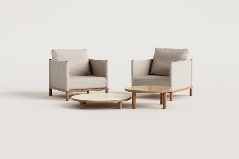 Conjunto de sala com 2 poltronas e 2 mesas de centro redondas em madeira de acácia Olivia