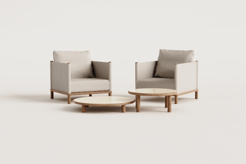 Conjunto de sala com 2 poltronas e 2 mesas de centro redondas em madeira de acácia Olivia