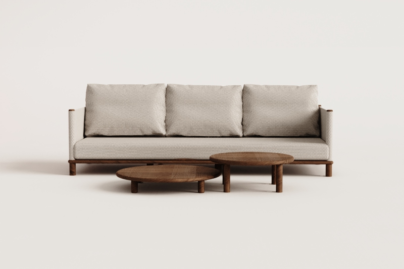 Conjunto de sala com sofá de 3 lugares e 2 mesas de centro redondas em madeira de acácia Olivia