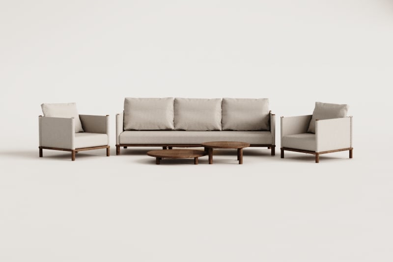 Conjunto de jardim com sofá de 3 lugares, 2 poltronas e 2 mesas de centro redondas em madeira de acácia Olivia