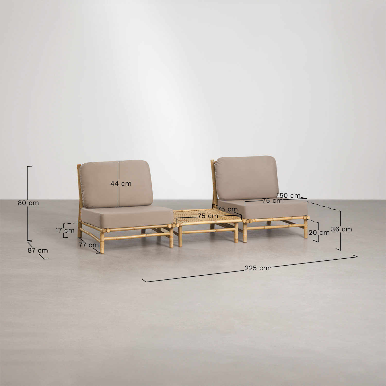 Conjunto de jardim com 2 poltronas e mesa de centro quadrada 75x75 cm em bambu Isendra, Dimens&otilde;es