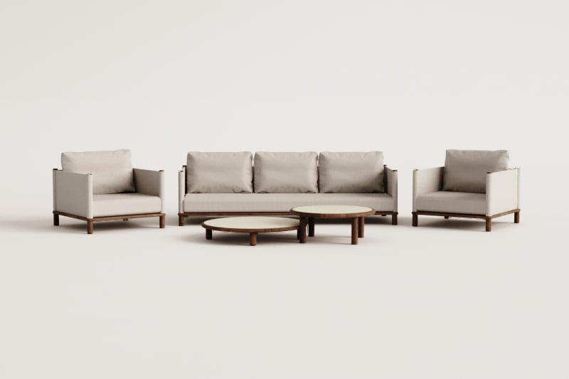 Conjunto de sala com sofá de 3 lugares, 2 poltronas e 2 mesas de centro redondas em madeira de acácia Olivia