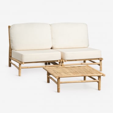 Conjunto De Jardim Com Sofá Modular De 2 Peças E Mesa De Centro Quadrada 75x75 Cm Em Bambu Isendra Tecido Branco - Sklum