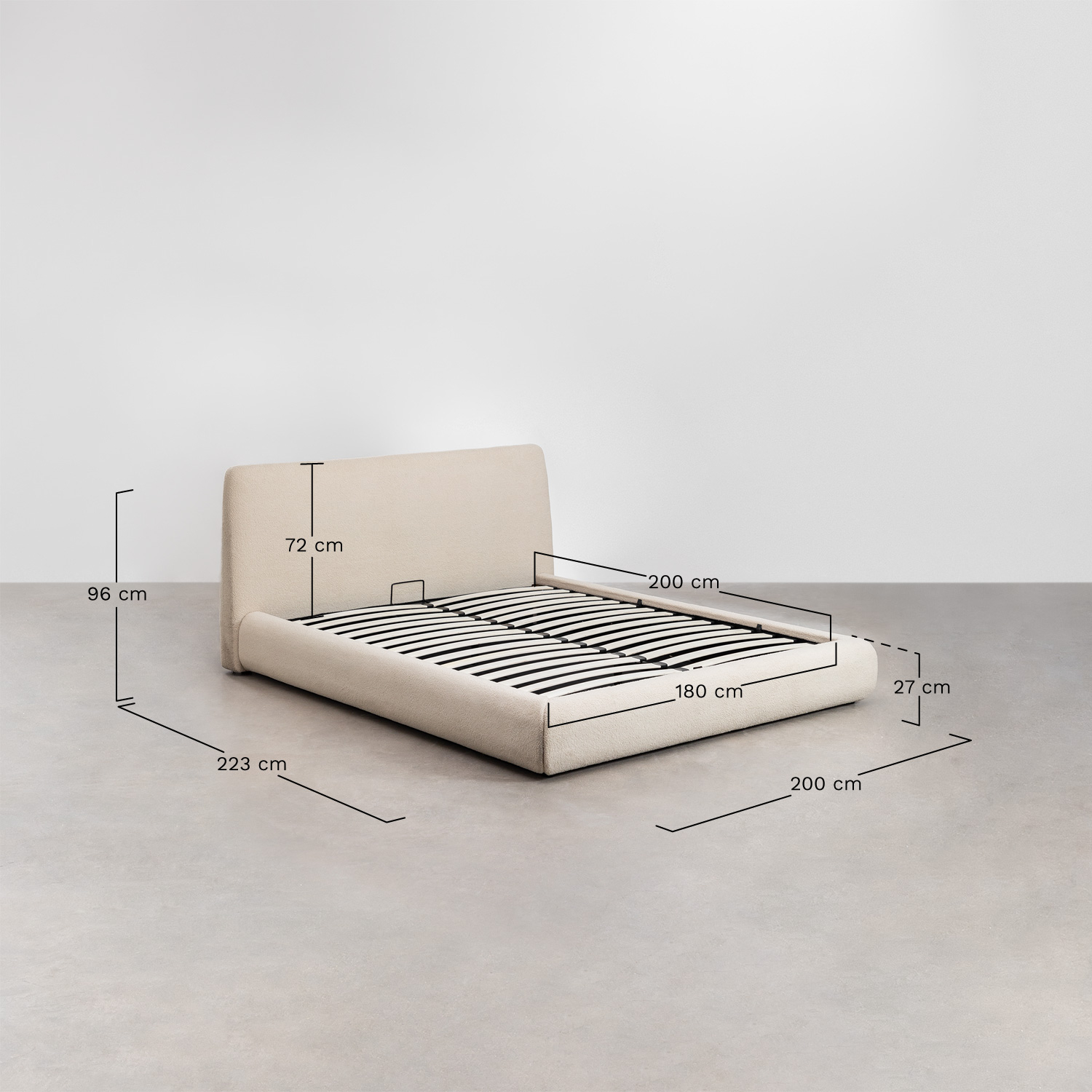 Cama com baú articulado estofada Norena, Dimens&otilde;es