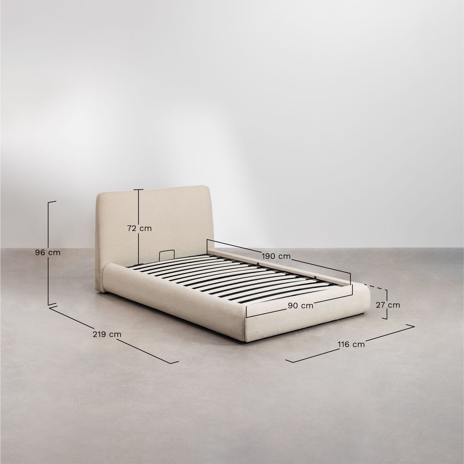 Cama com baú articulado estofada Norena, Dimens&otilde;es