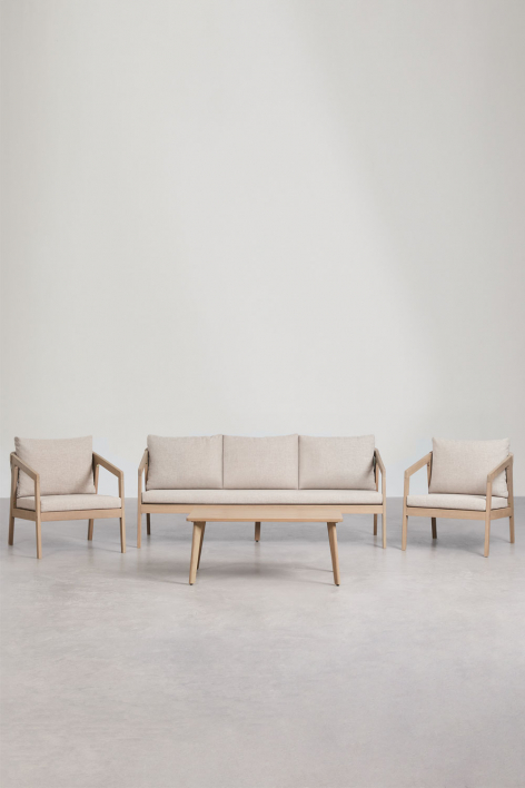 Conjunto de sala com sofá de 3 lugares, 2 poltronas e mesa de centro em madeira de acácia e corda trançada Kaela - Tecido Castanho Areia