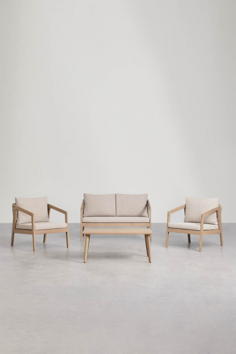 Conjunto de sala com sofá de 2 lugares, 2 poltronas e mesa de centro em madeira de acácia e corda trançada Kaela - Tecido Castanho Areia