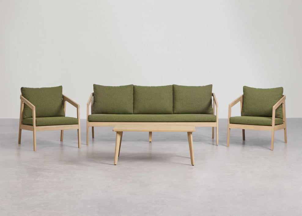 Conjunto de sala em madeira de acácia Kaela - Bouclé Verde Sálvia