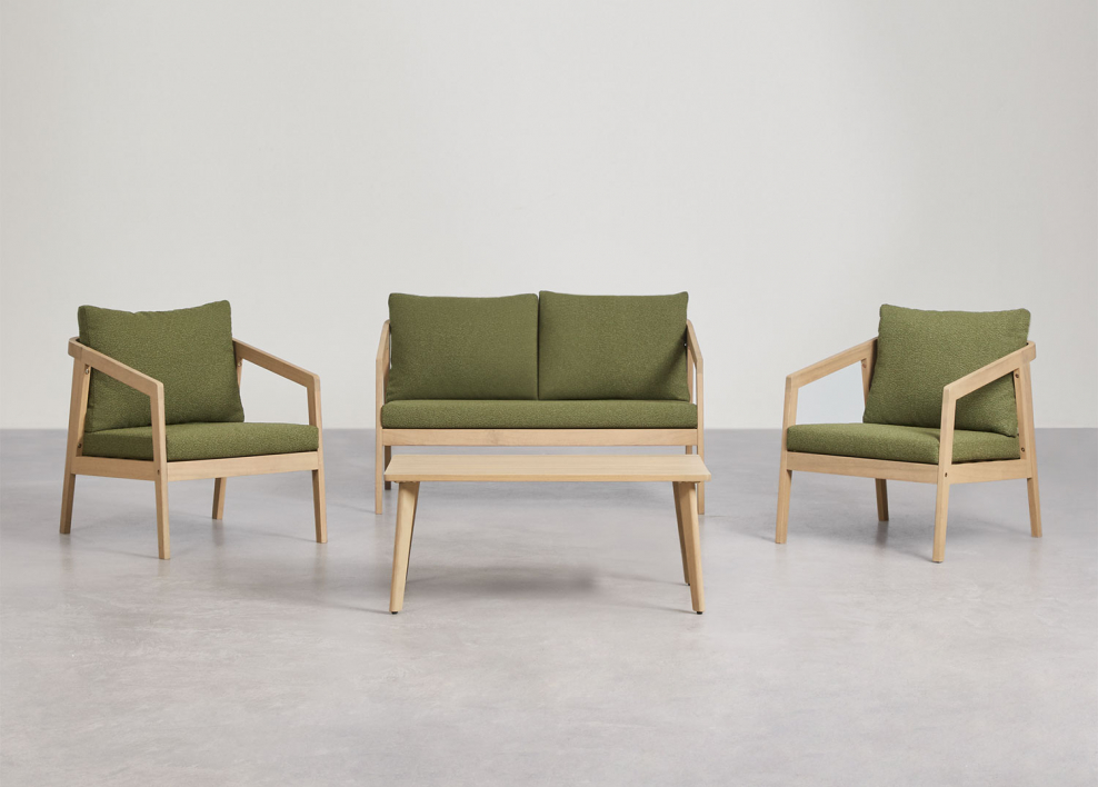 Conjunto de sala em madeira de acácia Kaela - Bouclé Verde Sálvia