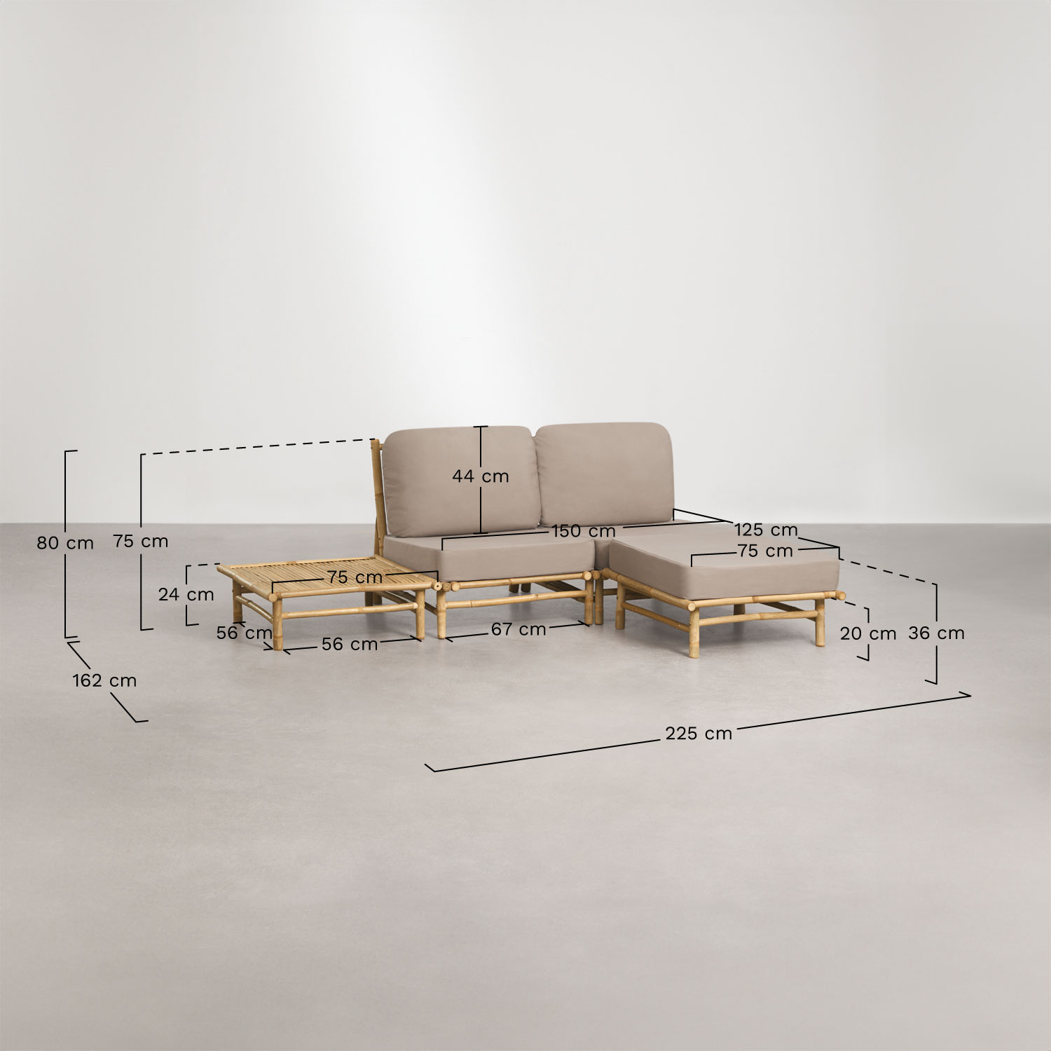 Conjunto de jardim com sofá modular de 2 peças, puff e mesa de centro quadrada em bambu Isendra, Dimens&otilde;es