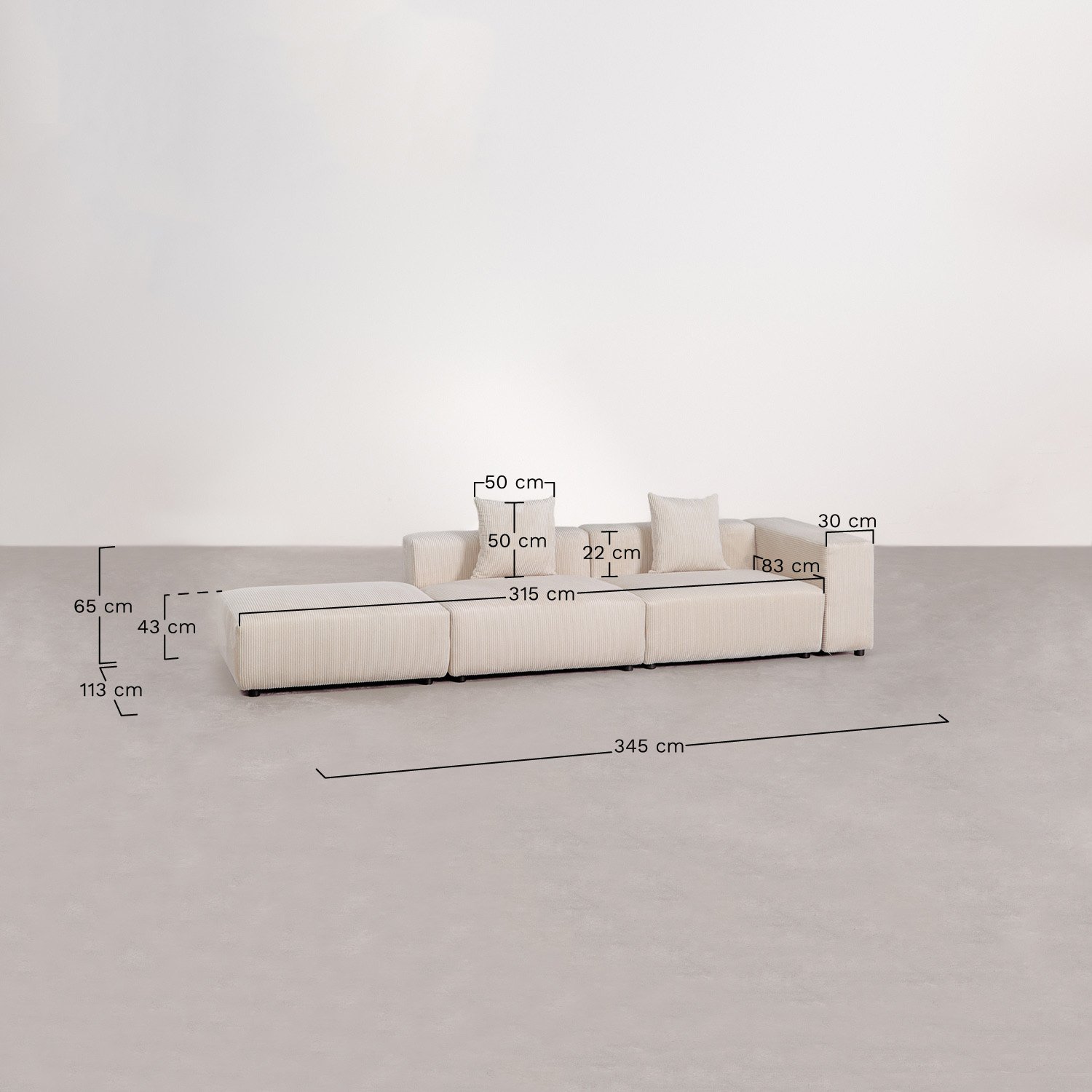 Sofá modular de canto direito de 2 peças com braço alto e puff ↔︎345 cm Bruna, Dimens&otilde;es