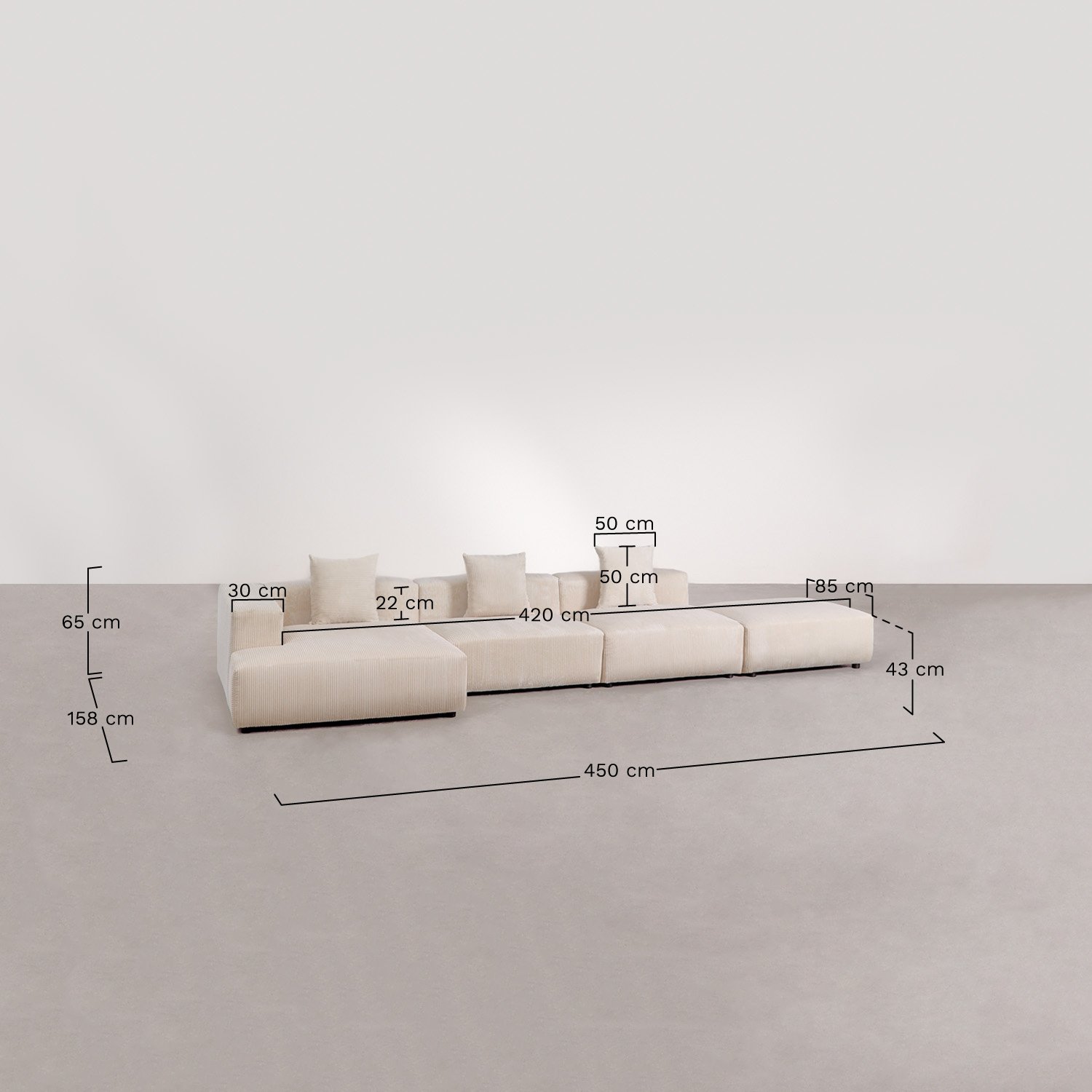 Sofá modular chaise longue de canto esquerdo de 3 peças com puff ↔︎450 cm Bruna, Dimens&otilde;es