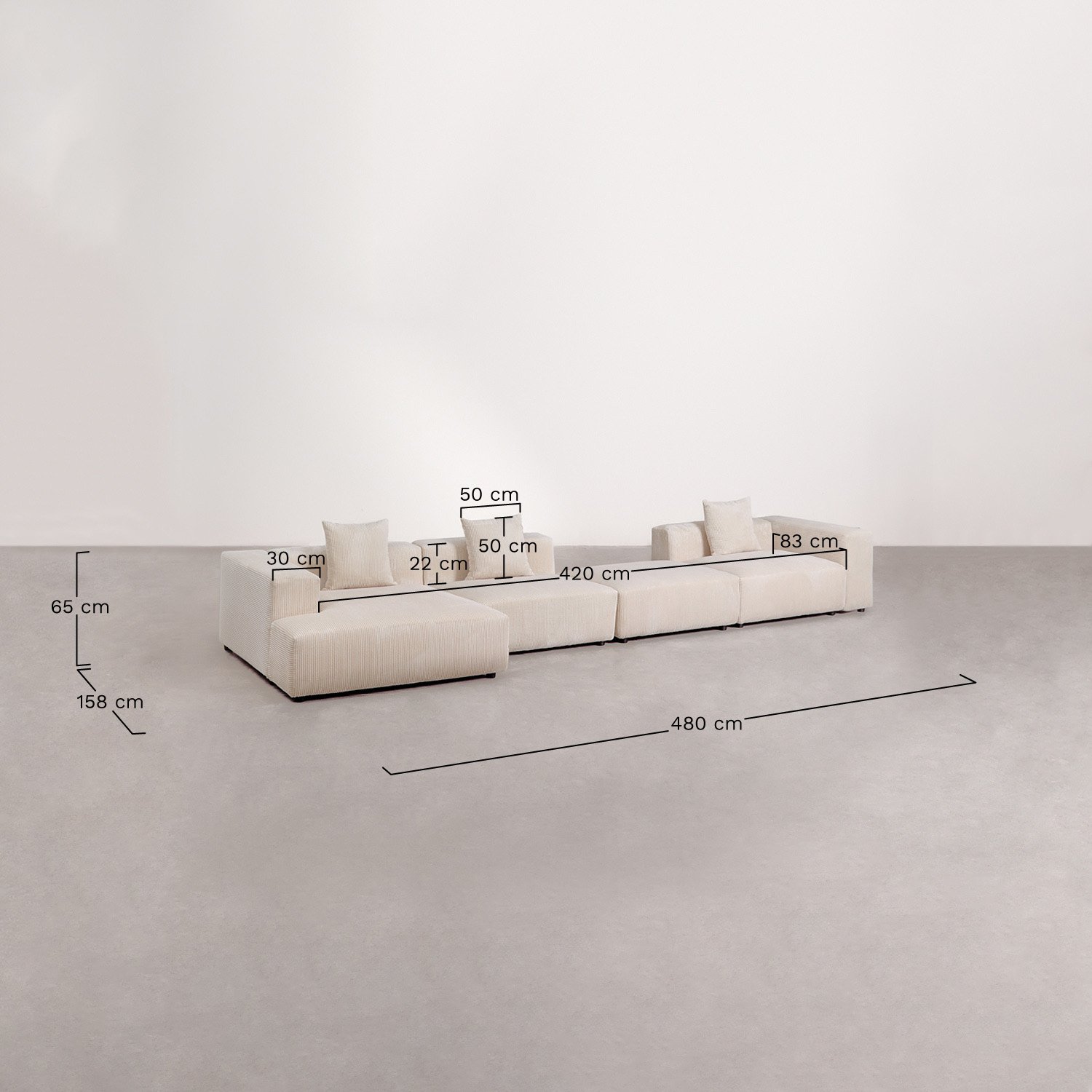 Sofá modular chaise longue esquerdo de 3 peças com braço alto e puff ↔︎480 cm Bruna, Dimens&otilde;es