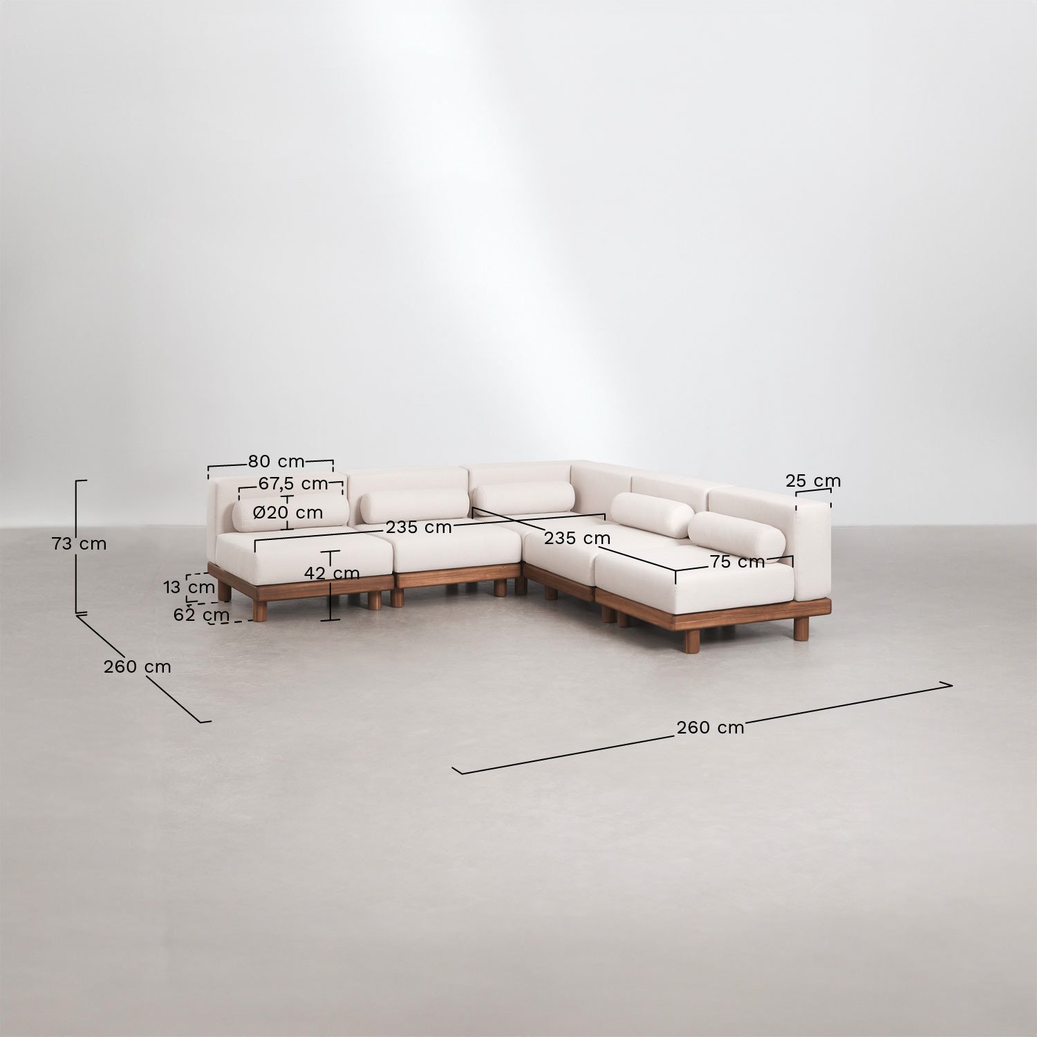 Conjunto de jardim com sofá modular de canto de 5 peças com módulo de canto e mesa de centro em acácia Edrien, Dimens&otilde;es