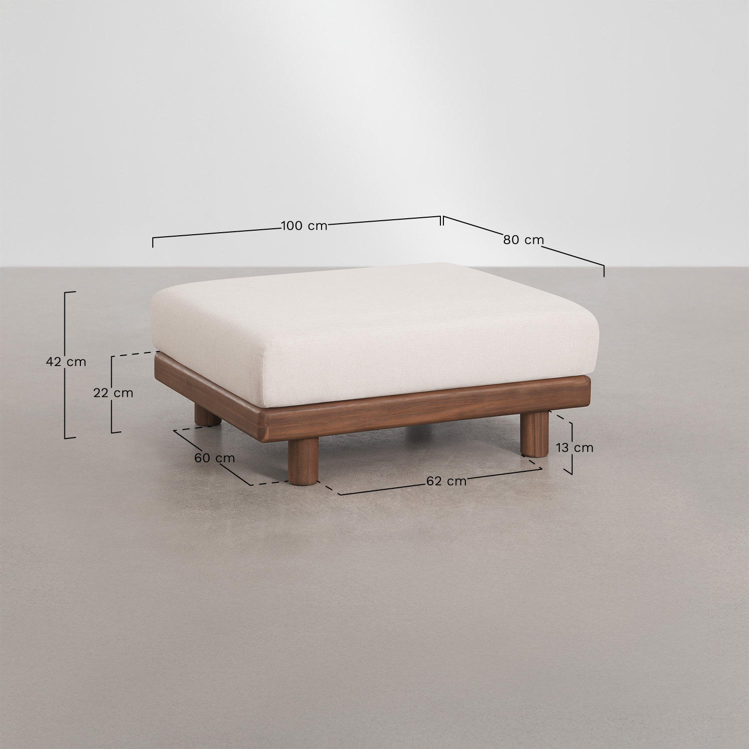 Sofá modular de jardim de 3 peças e puff em acácia Edrien, Dimens&otilde;es