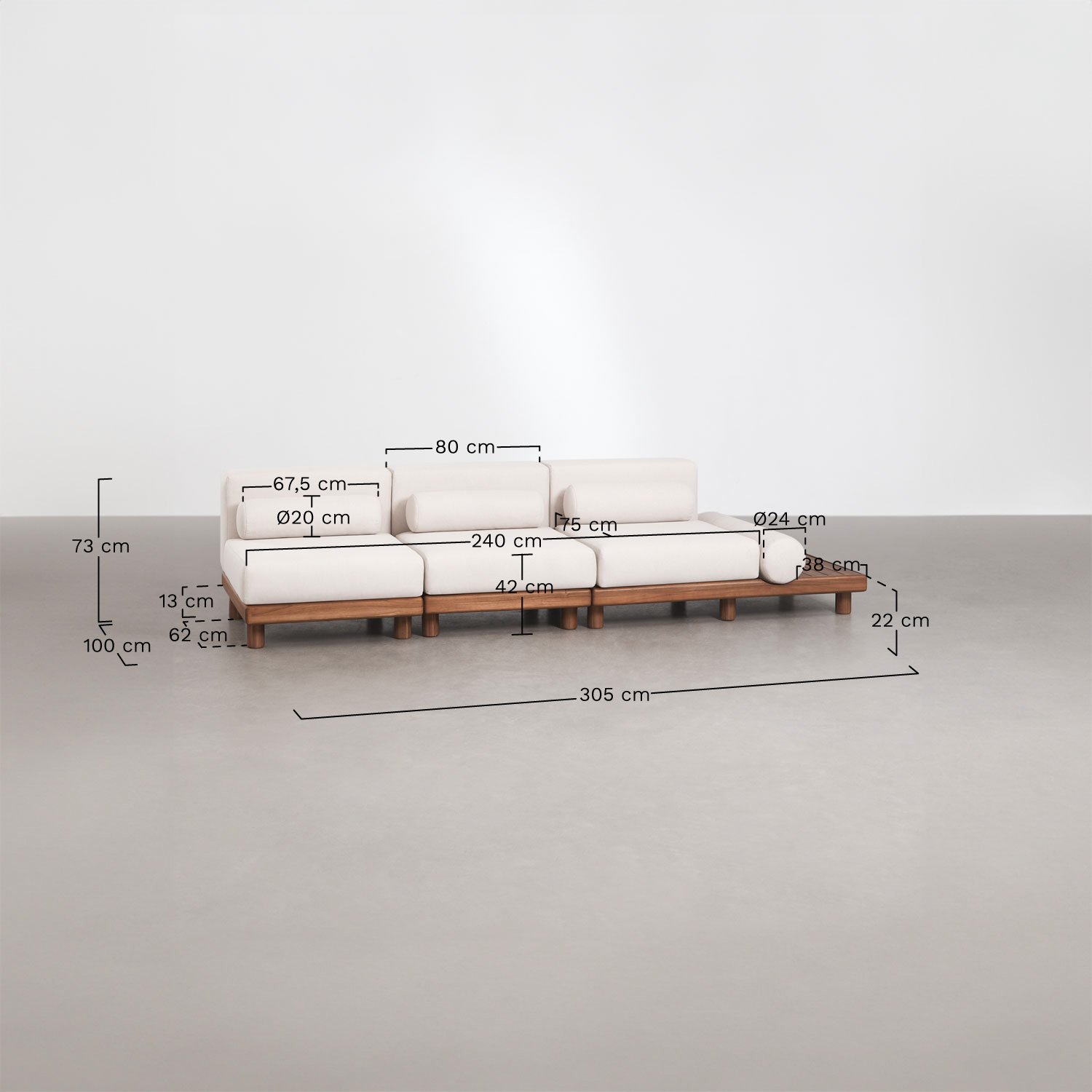Sofá modular de jardim de 3 peças e mesa lateral auxiliar em acácia Edrien, Dimens&otilde;es