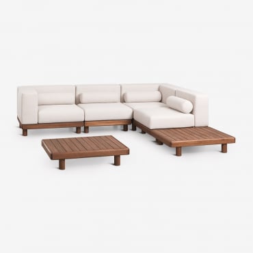 Conjunto De Jardim Com Sofá Modular De Canto De 4 Peças Com 2 Módulos De Canto E 2 Mesas De Centro Em Acácia Edrien Castanho Acácia - Sklum