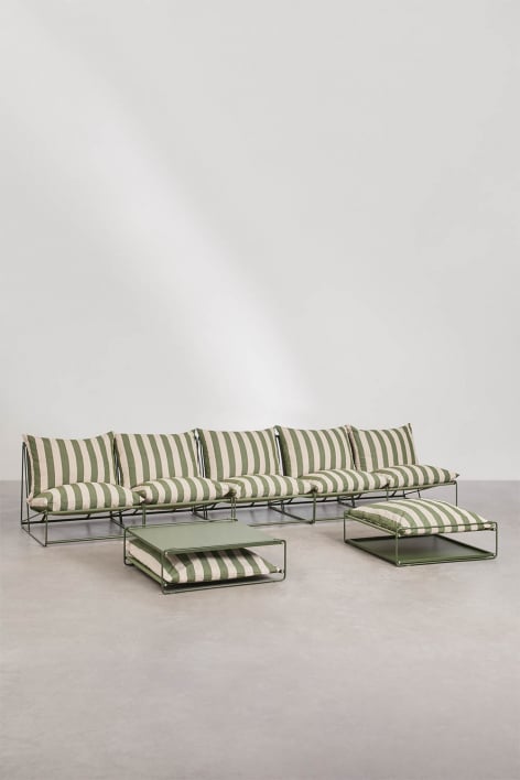 Conjunto de jardim com sofá modular de 5 peças, mesa auxiliar e puff convertíveis Amaro - Tapioca beige - Verde azeitona profundo