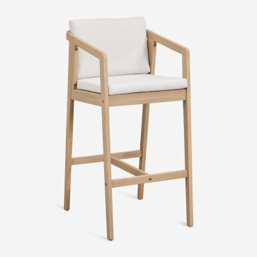 Banqueta Alta Em Madeira De Acácia Kaela Marrom Acácia Claro & ↑75 Cm & Tecido Gardénia Branco - Sklum