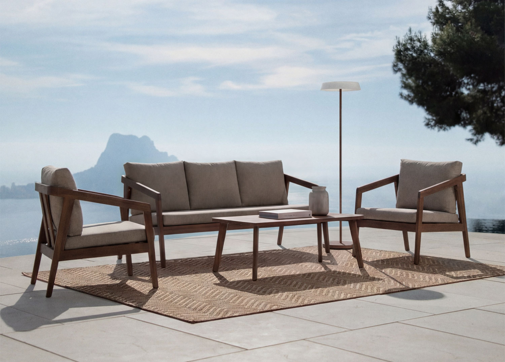 Conjunto de jardim com sofá, 2 poltronas e mesa de centro em madeira de acácia Kaela - Tecido castanho avelã