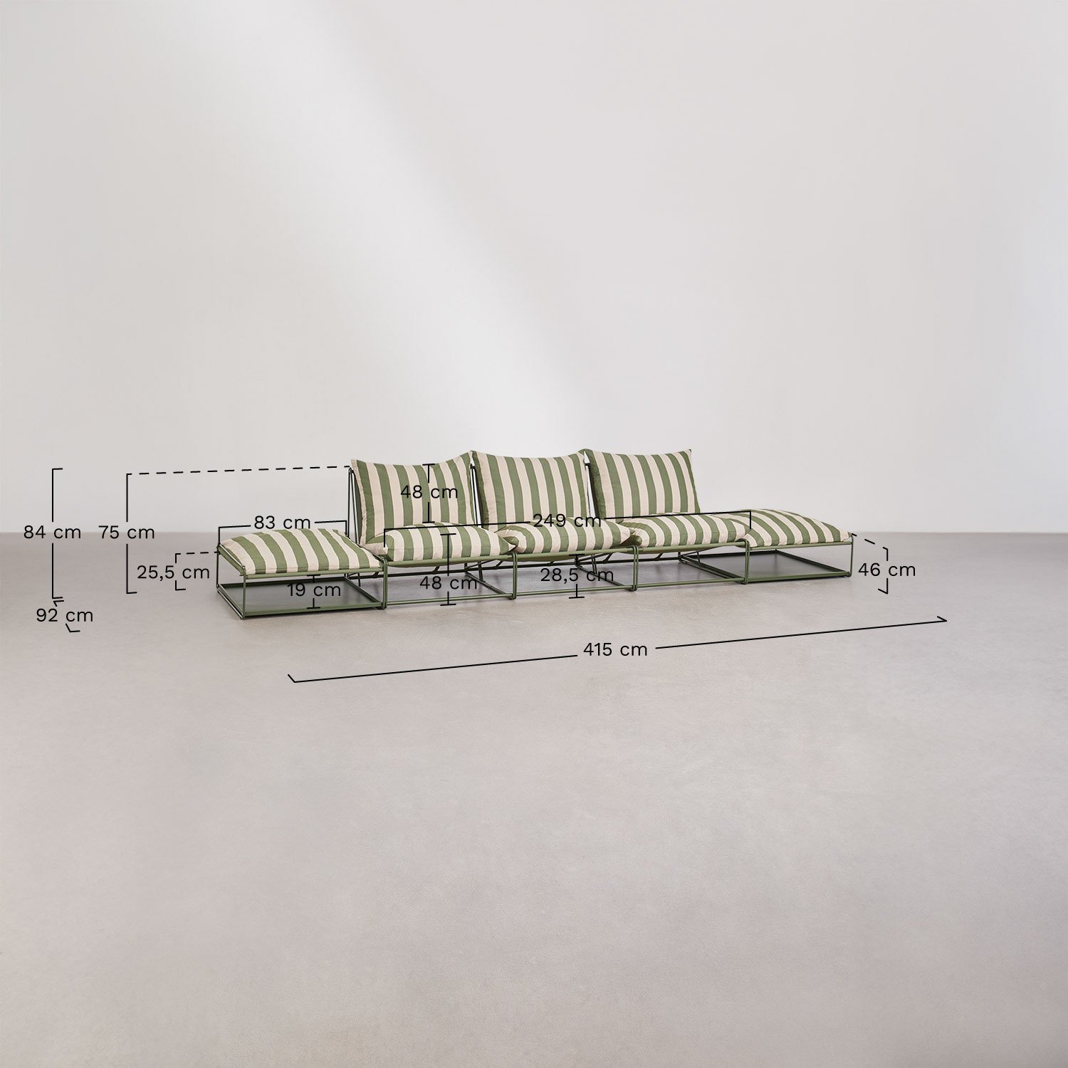 Conjunto de jardim com sofá modular de 3 peças, mesa auxiliar e 2 pufes conversíveis Amaro, Dimens&otilde;es