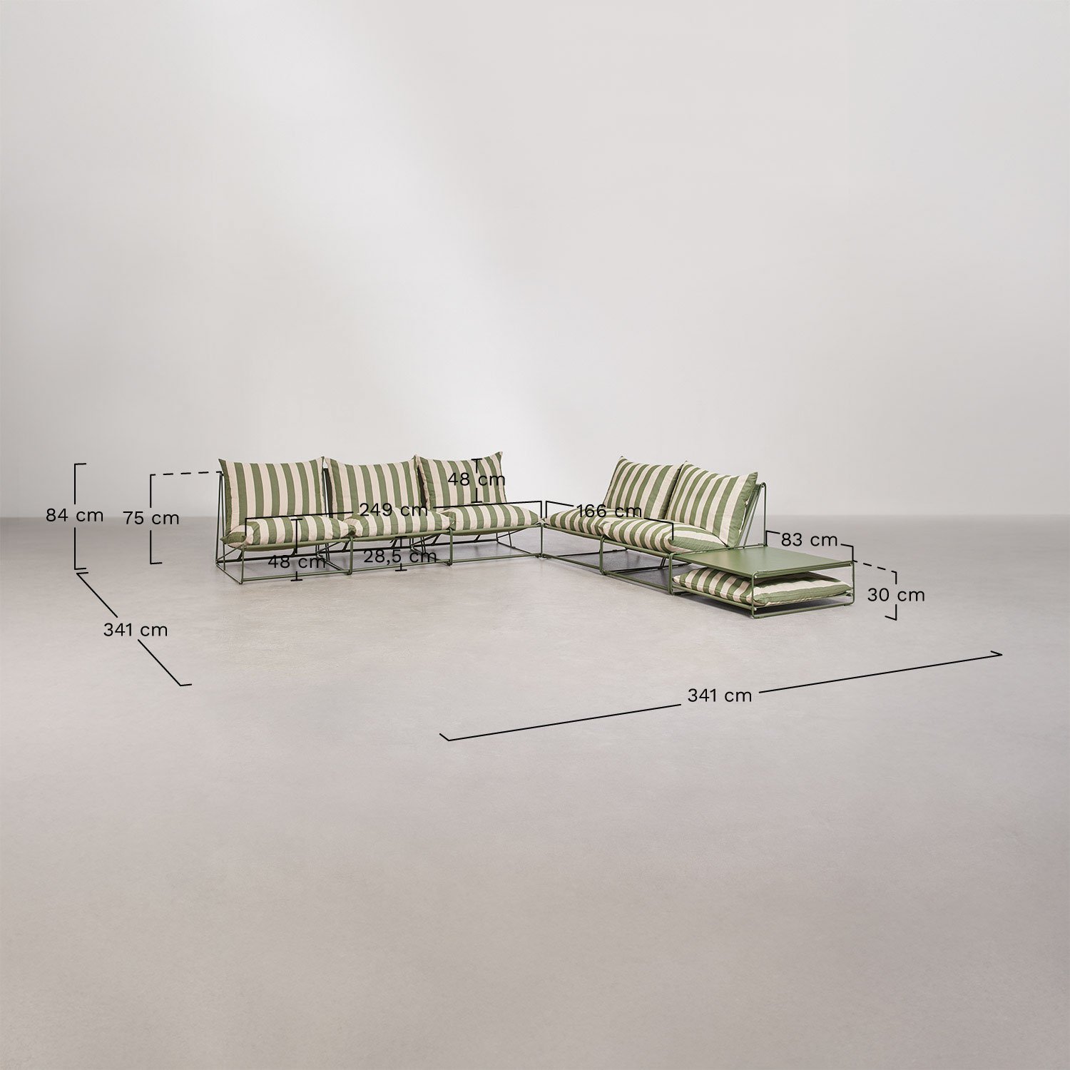 Conjunto de jardim com 2 sofás modulares de 2 e 3 peças e 2 mesas auxiliares convertíveis Amaro, Dimens&otilde;es