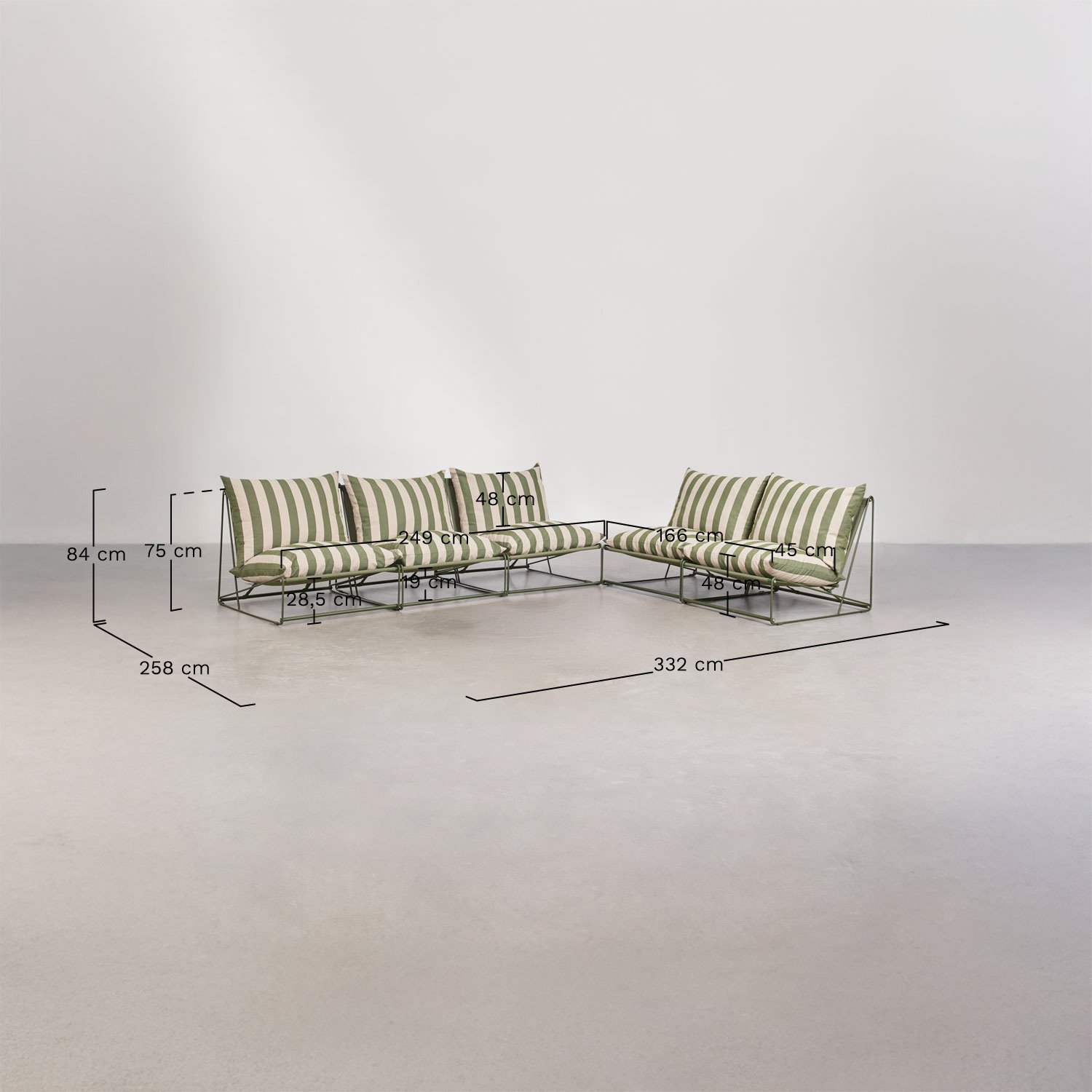 Conjunto de jardim com 2 sofás modulares de 2 e 3 peças e mesa auxiliar conversível Amaro, Dimens&otilde;es