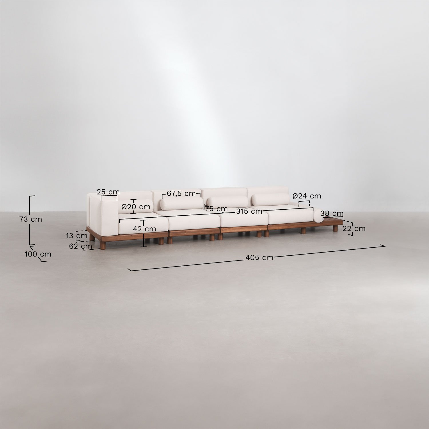 Sofá modular de jardim de 4 peças com módulo de canto e mesa lateral auxiliar em acácia Edrien, Dimens&otilde;es