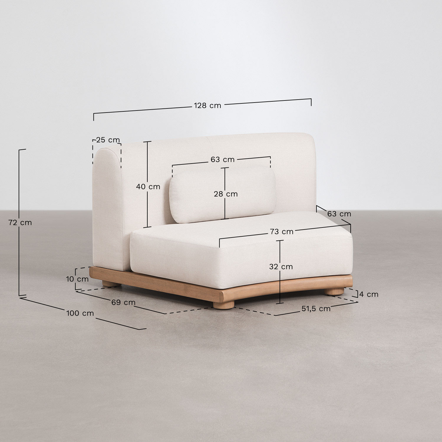 Módulo central curvo para sofá modular de jardim em madeira de acácia Gerard, Dimens&otilde;es