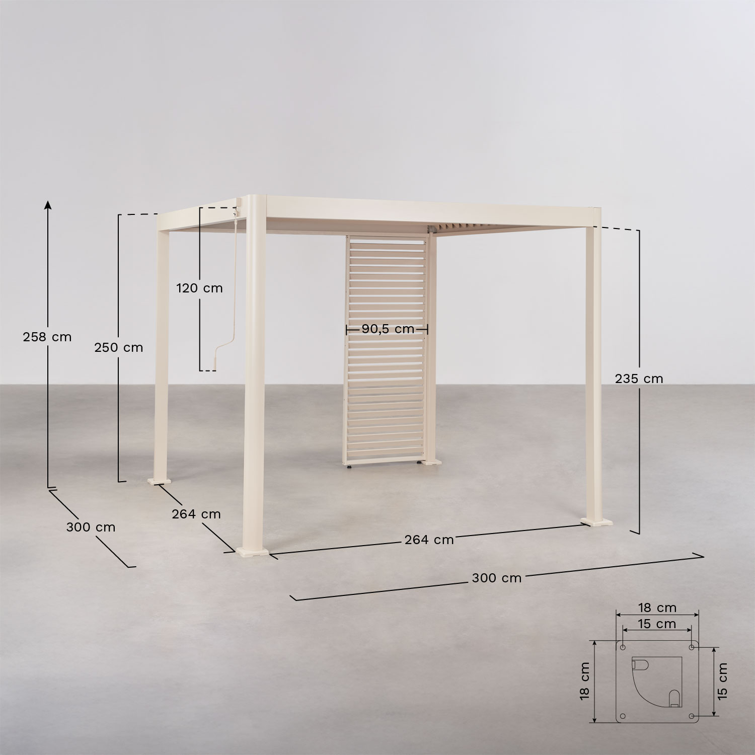 Pérgola bioclimática de lâminas com painel em alumínio Druvia, Dimens&otilde;es