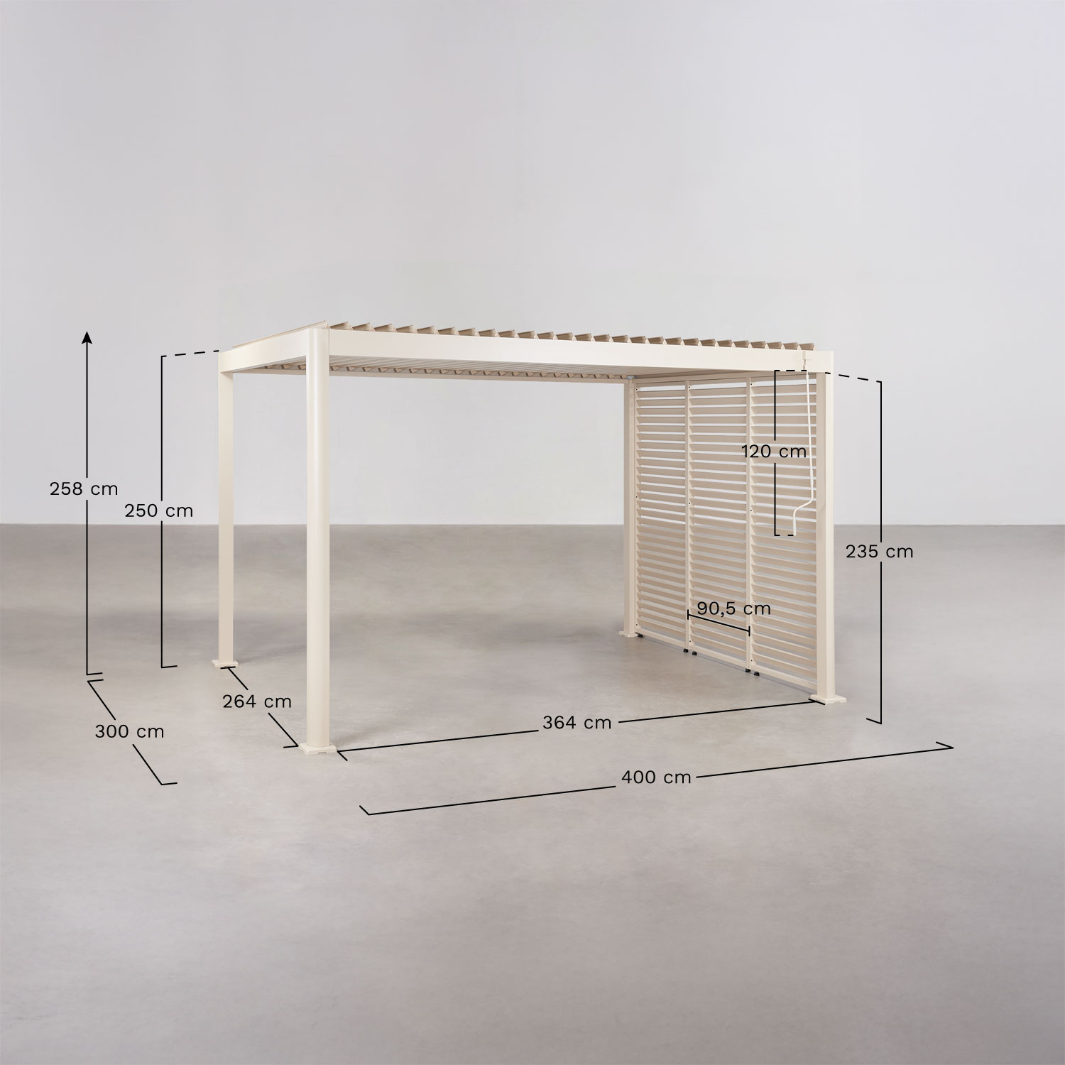 Pérgola bioclimática de lâminas com painel lateral em alumínio Druvia, Dimens&otilde;es