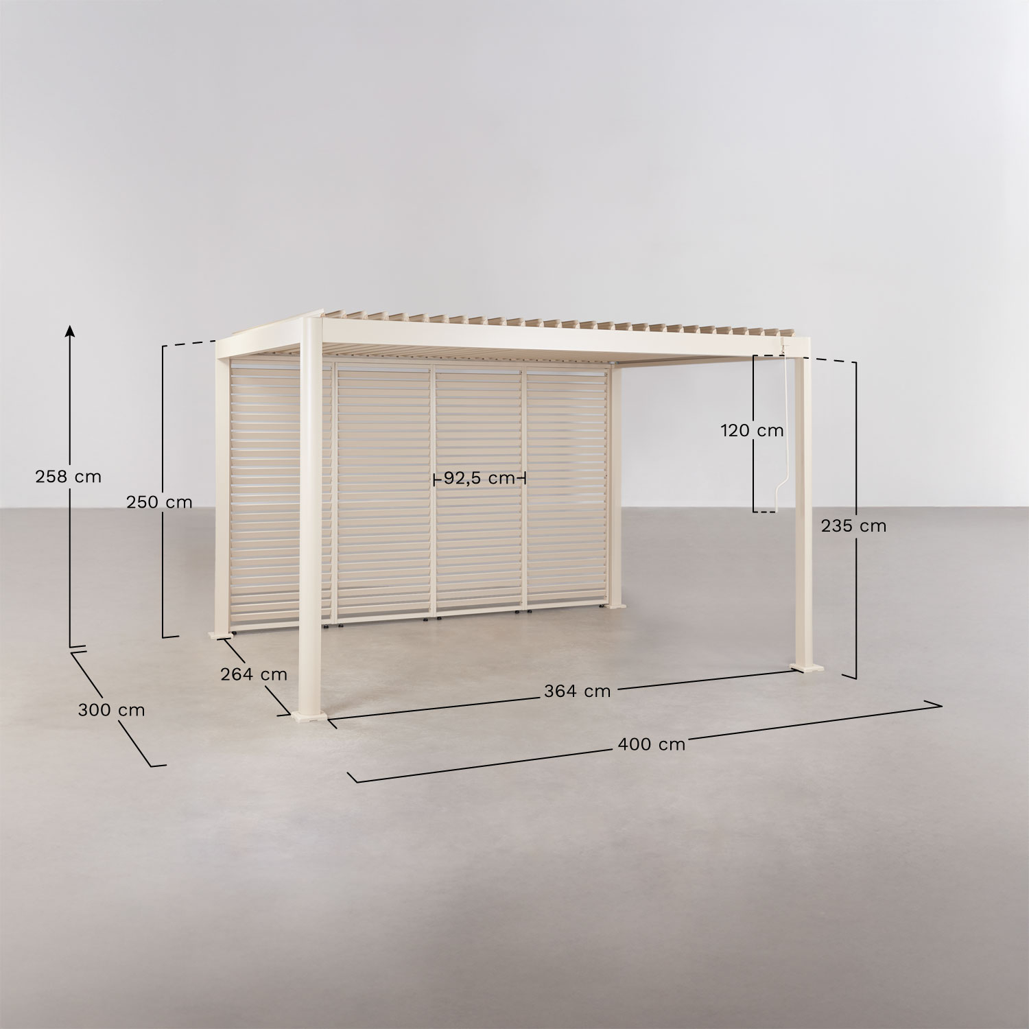 Pérgola bioclimática de lâminas com painel lateral em alumínio Druvia, Dimens&otilde;es