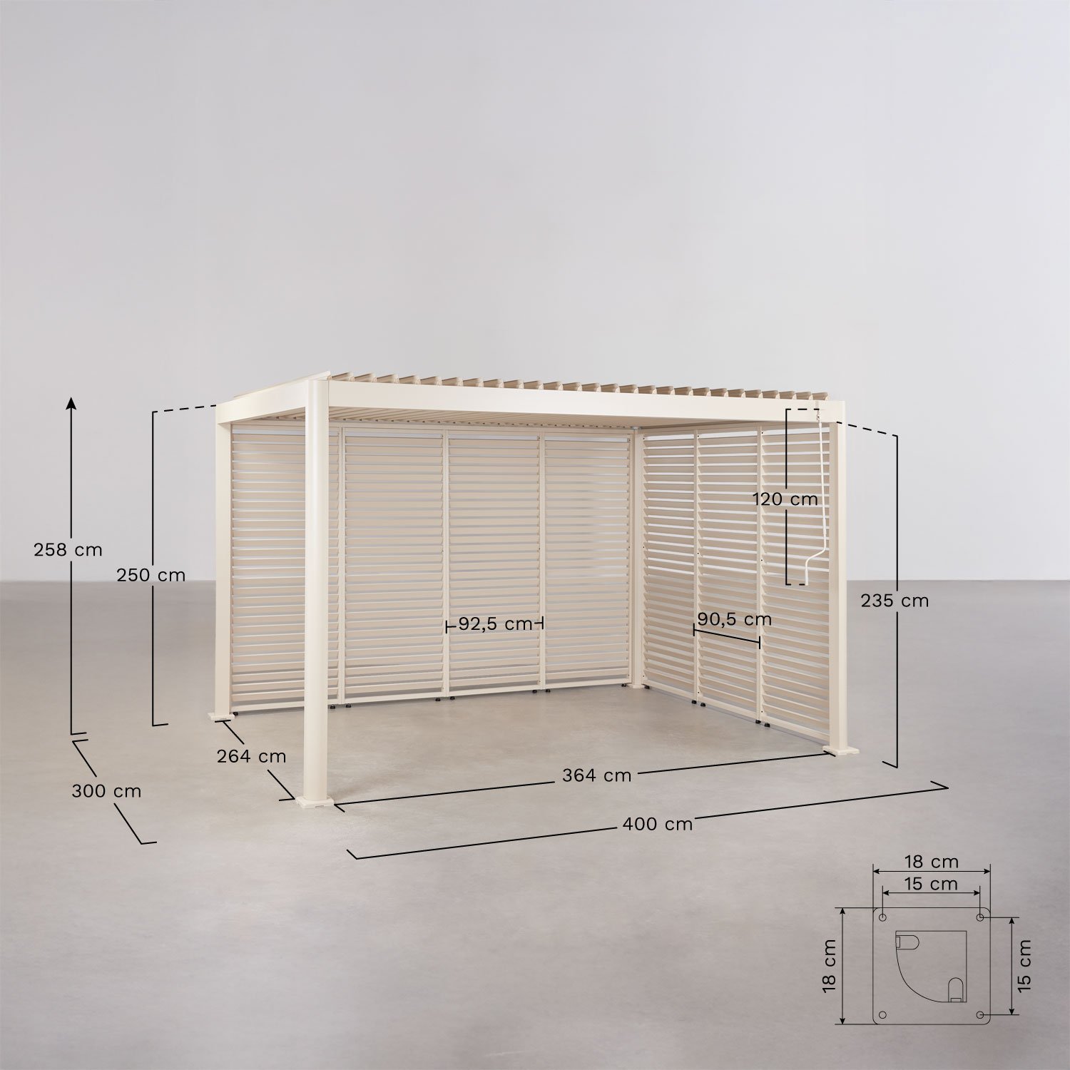 Pérgola bioclimática de lâminas com painéis laterais em alumínio Druvia, Dimens&otilde;es