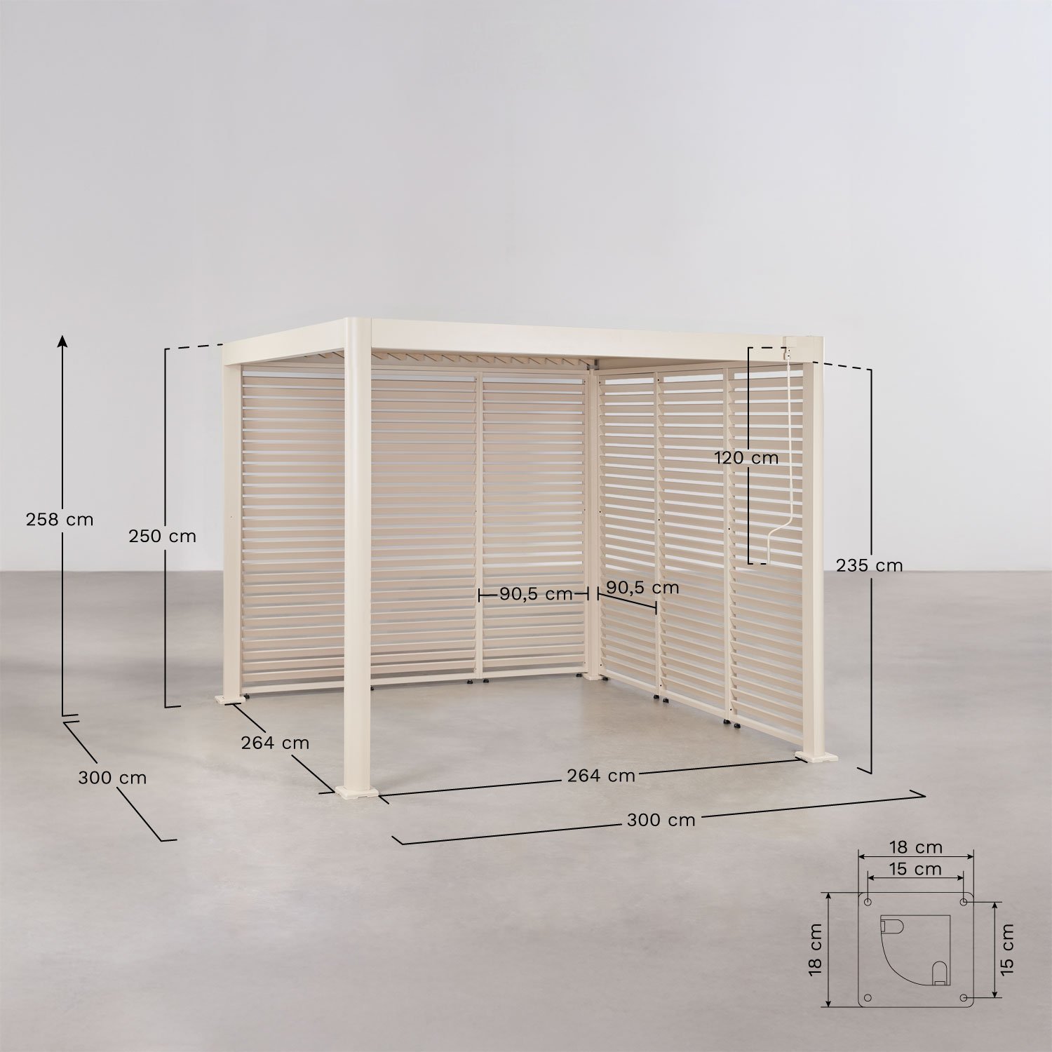 Pérgola bioclimática de lâminas com painéis laterais em alumínio Druvia, Dimens&otilde;es