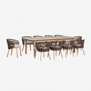 Conjunto De Mesa Retangular Extensível Duala 250-310x105 Cm E 10 Cadeiras De Jantar Em Madeira De Acácia E Corda Trançada Capri Castanho Chocolate -