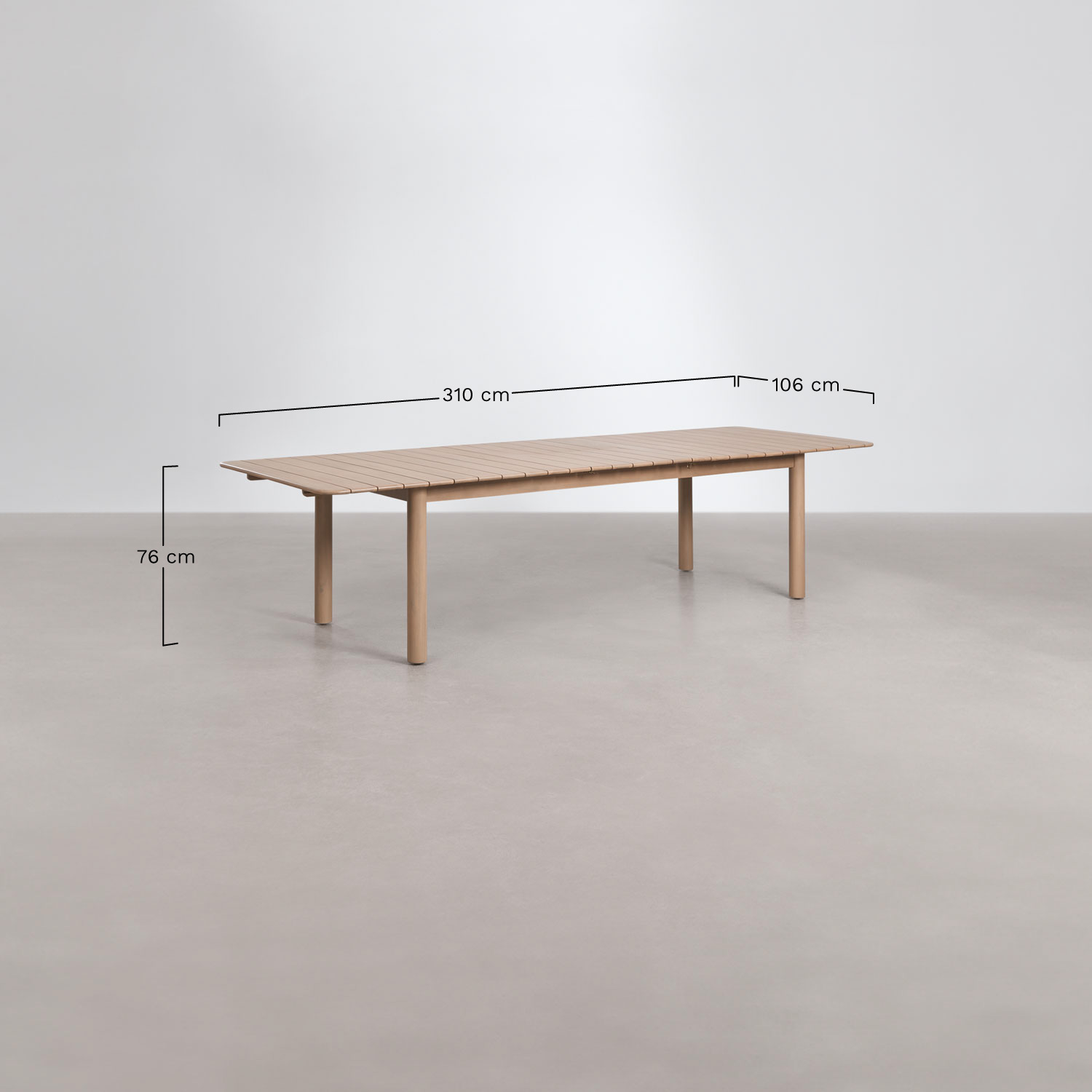 Conjunto de mesa retangular extensível Duala 250-310x105 cm e 12 cadeiras de jantar em madeira de acácia e corda trançada Capri, Dimens&otilde;es