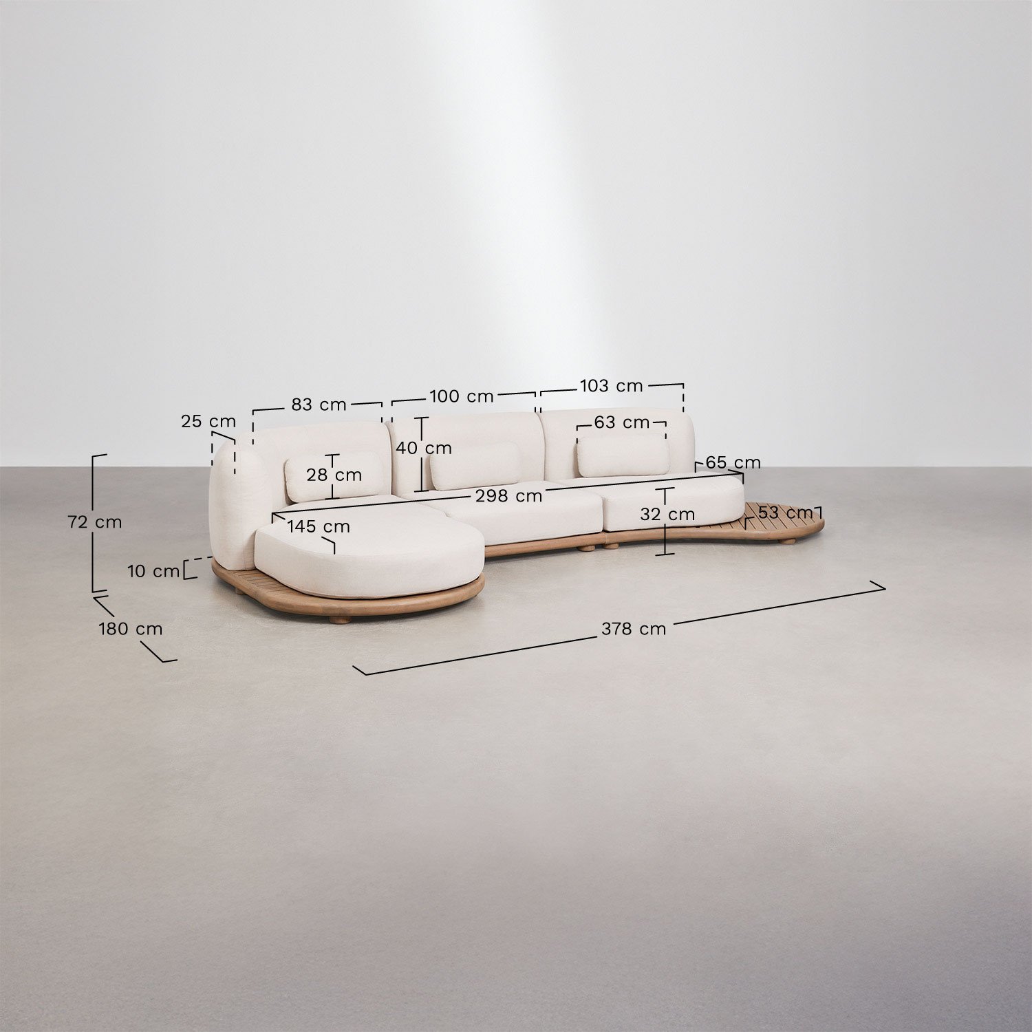 Sofá modular chaise longue esquerdo de jardim de 3 peças em madeira de acácia Gerard, Dimens&otilde;es