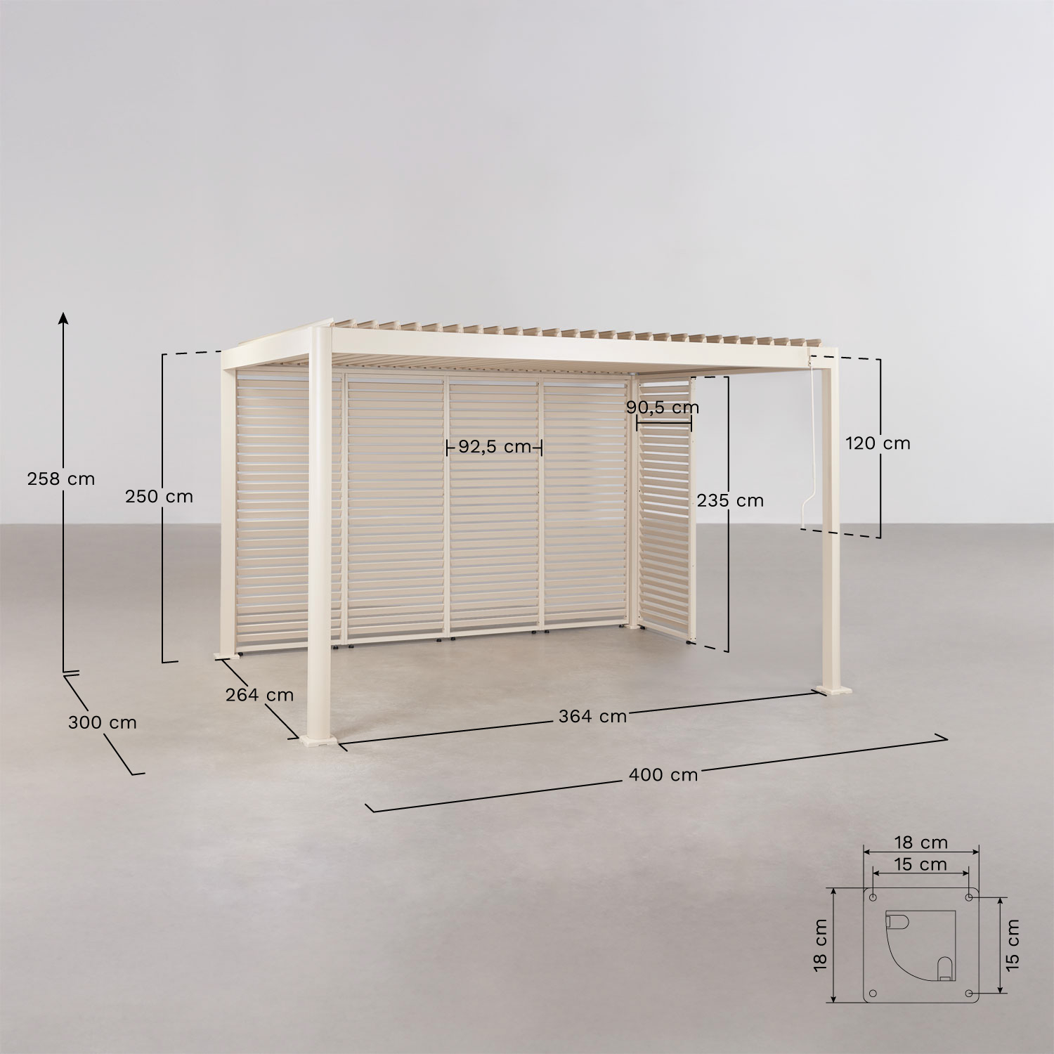 Pérgola bioclimática de lâminas com painéis em alumínio Druvia, Dimens&otilde;es