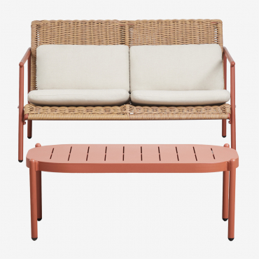 Conjunto De Jardim Com Sofá De 2 Lugares E Mesa De Centro Em Alumínio E Rattan Sintético Duroli Terracota - Sklum