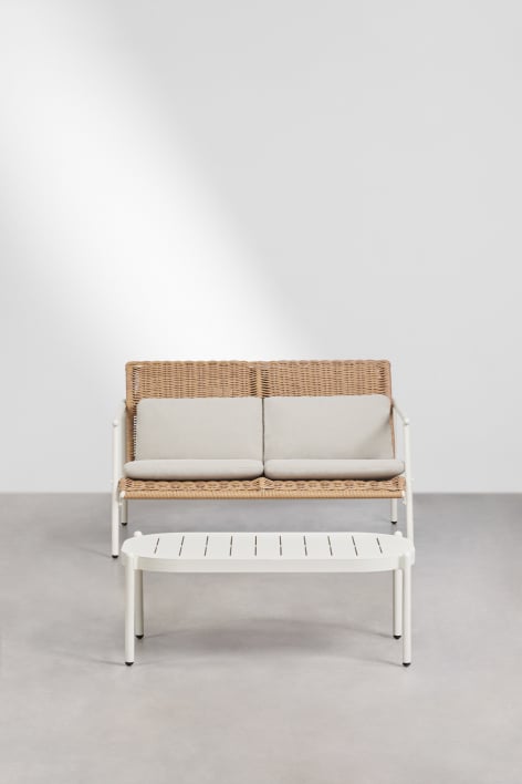 Conjunto de jardim com sofá de 2 lugares e mesa de centro em alumínio e rattan sintético Duroli - Gardénia Branco