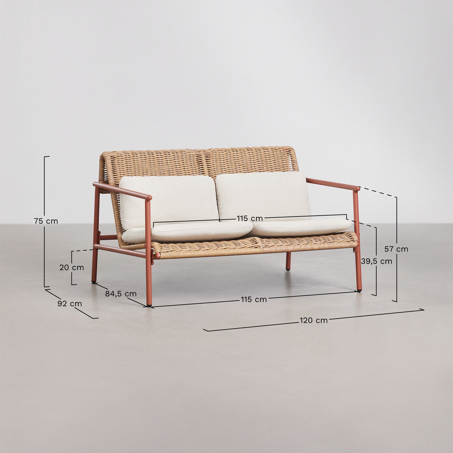 Conjunto de jardim com sofá de 2 lugares e mesa de centro em alumínio e rattan sintético Duroli, Dimens&otilde;es