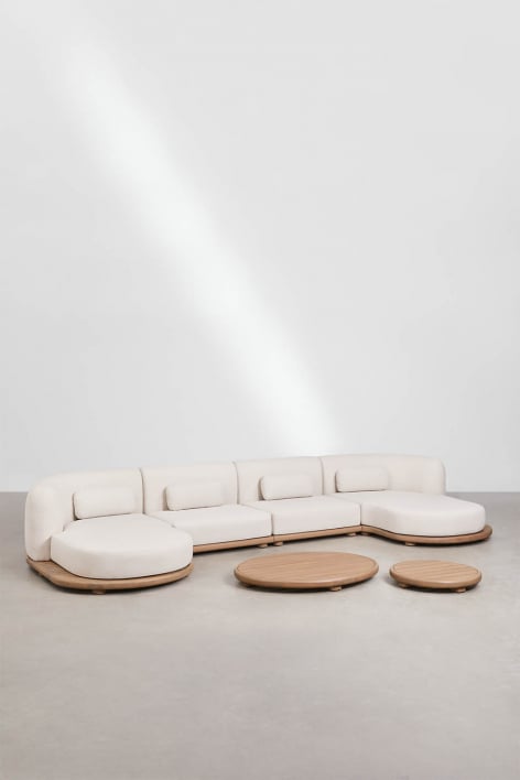 Conjunto de jardim com sofá modular chaise longue de 4 peças e 2 mesas de centro em madeira de acácia Gerard