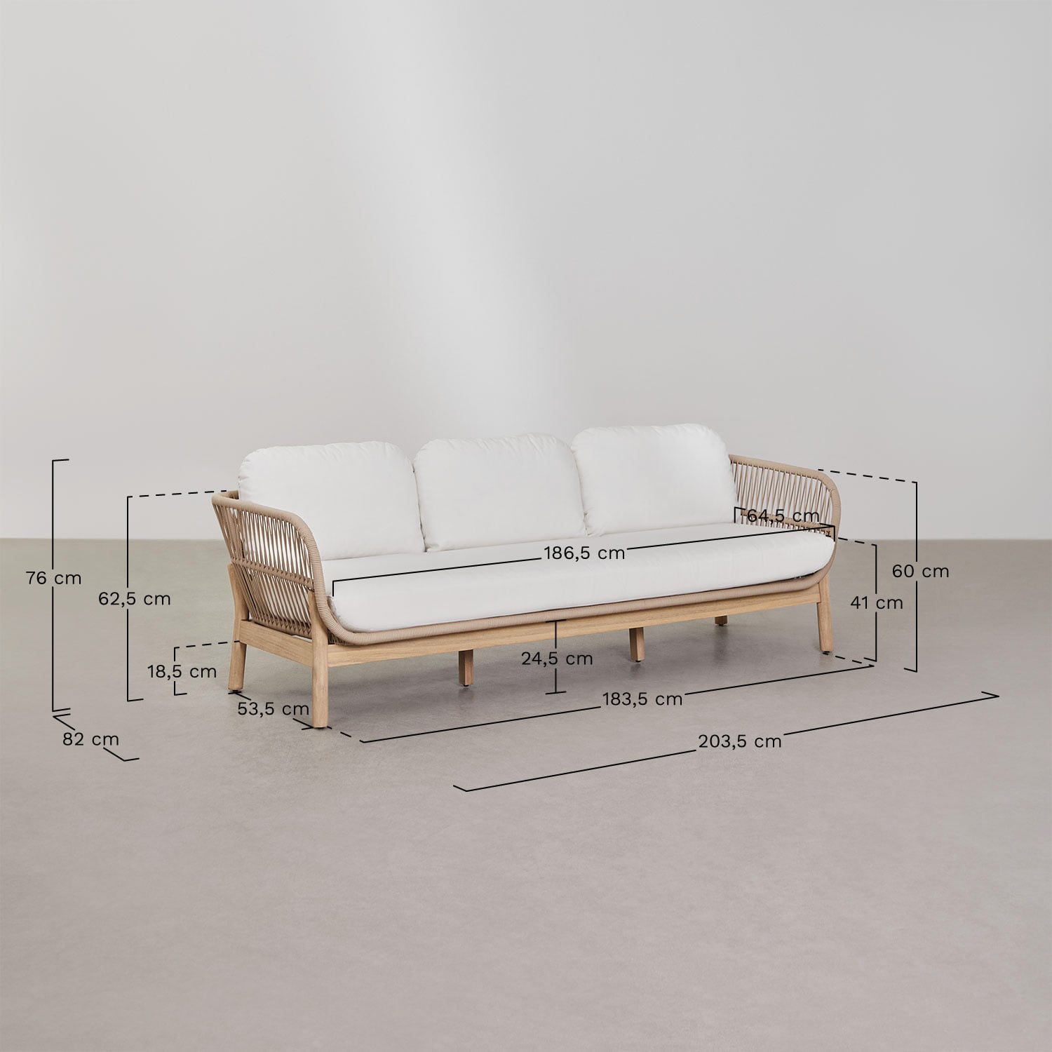 Conjunto de jardim com sofá de 3 lugares e mesa de centro retangular 120x60 cm em madeira de acácia e corda trançada Karvia, Dimens&otilde;es