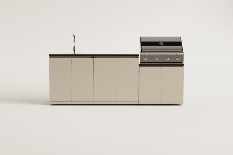 Cozinha modular de exterior de 3 peças com lava-louças e churrasqueira a gás com 4 queimadores em aço Rivana