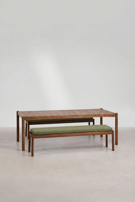 Conjunto de mesa retangular 220x100 cm e 2 bancos de jantar em madeira de acácia Karvia