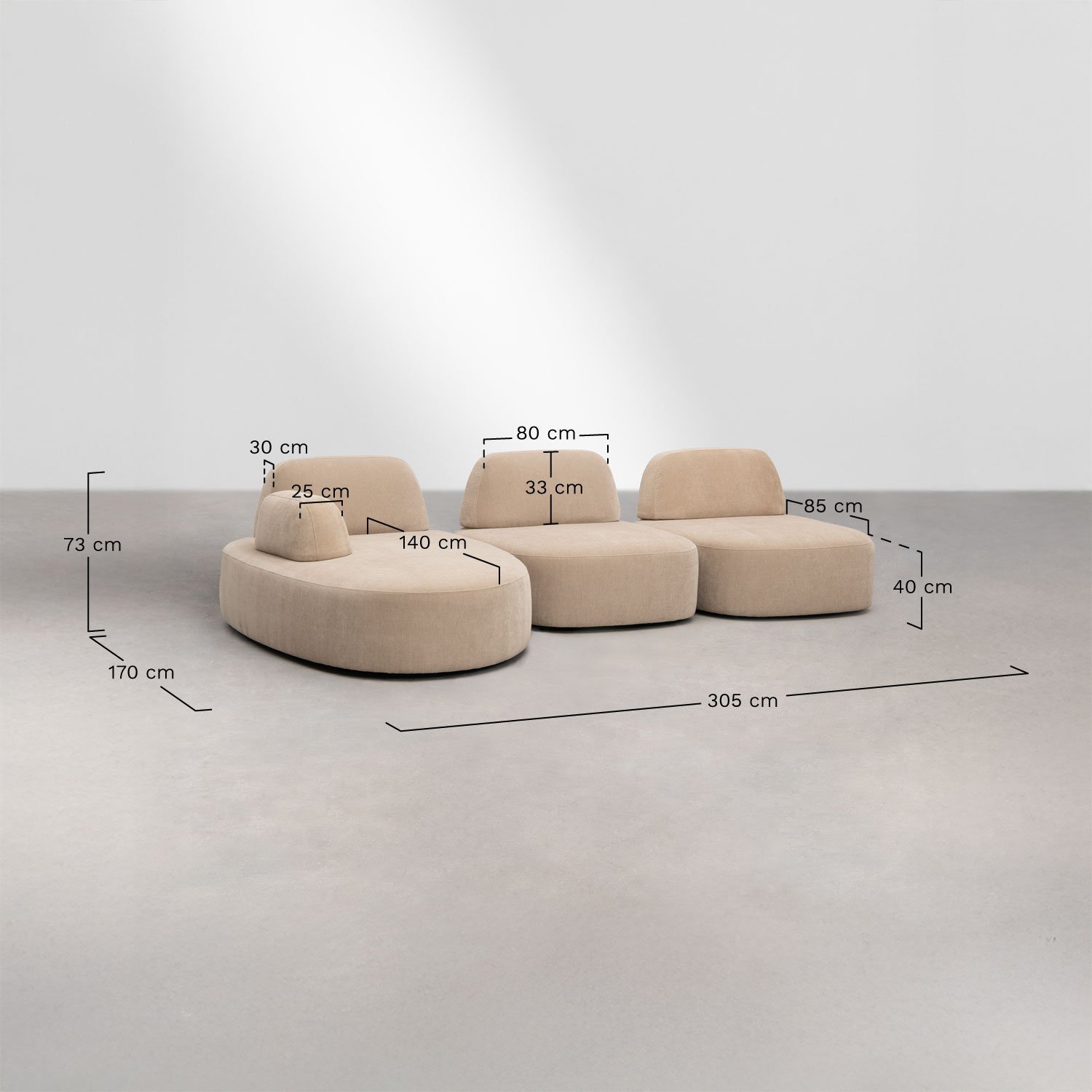 Sofá modular chaise longue esquerdo de 3 peças e puff estofado Giorgia, Dimens&otilde;es