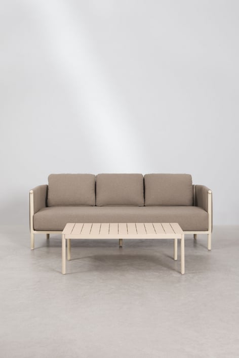 Conjunto de jardim com sofá de 3 lugares em bouclé e mesa de centro em alumínio Boleni