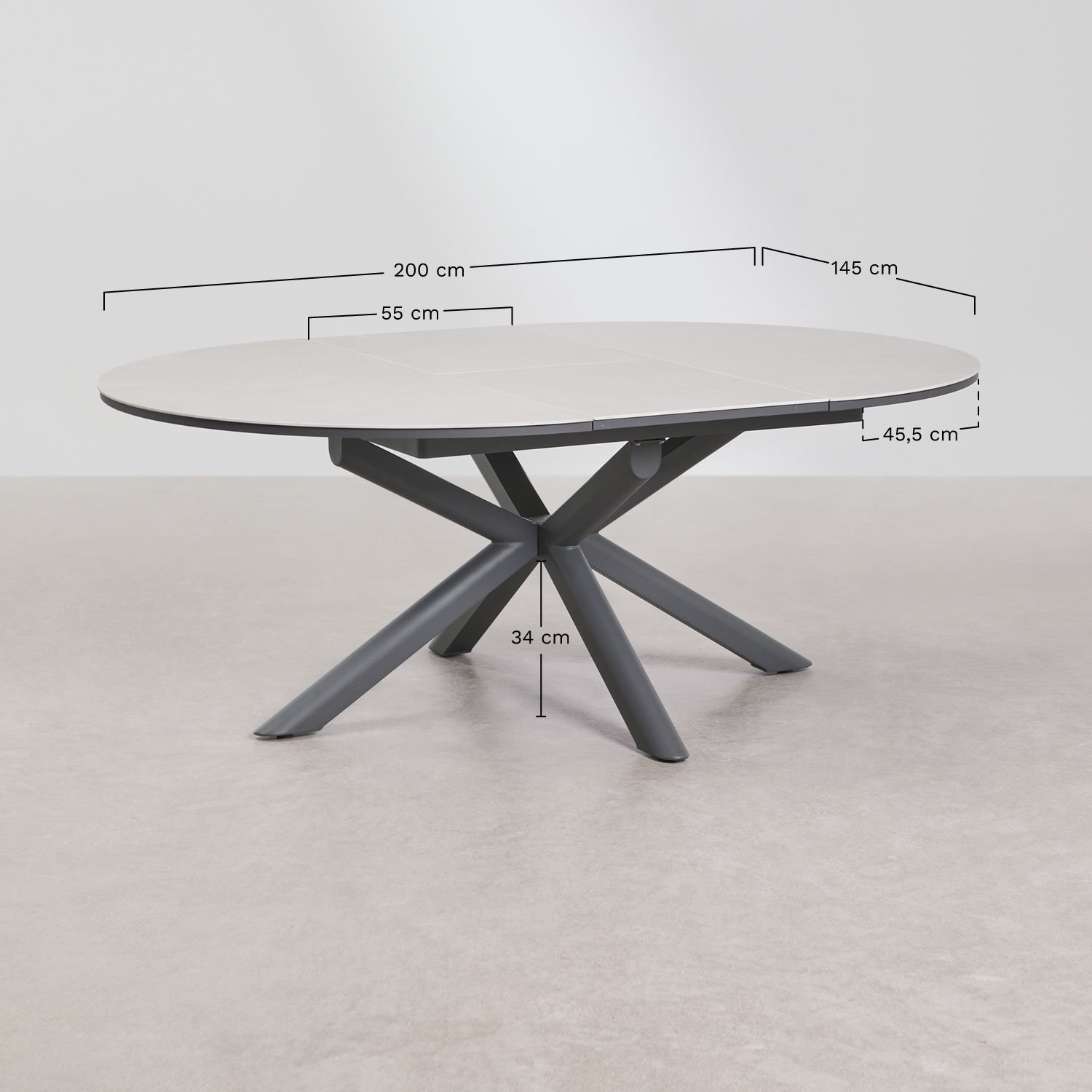 Mesa de jantar redonda extensível em alumínio Begur 145-200x145 cm, Dimens&otilde;es