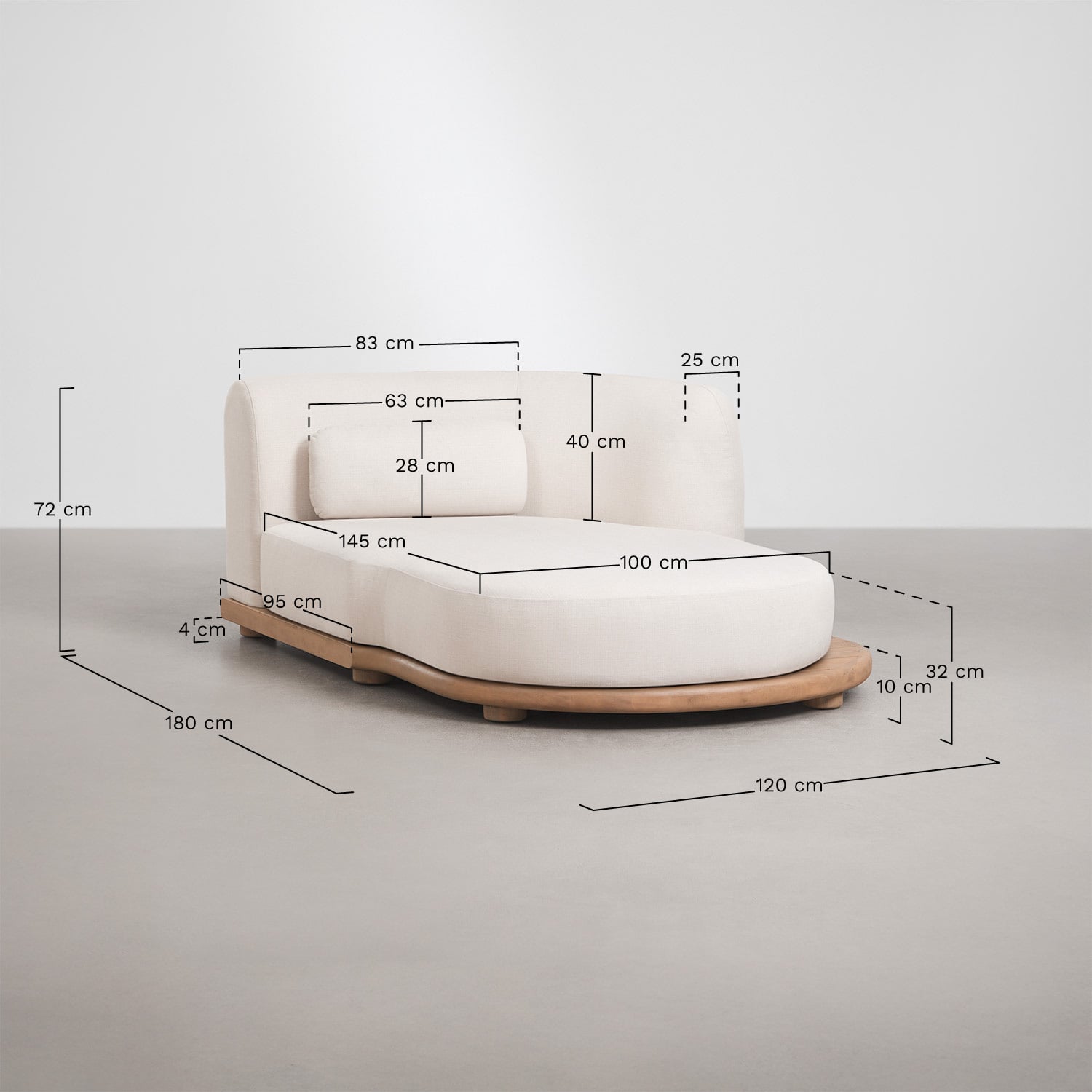Módulo chaise longue direito para sofá modular de jardim em madeira de acácia Gerard, Dimens&otilde;es