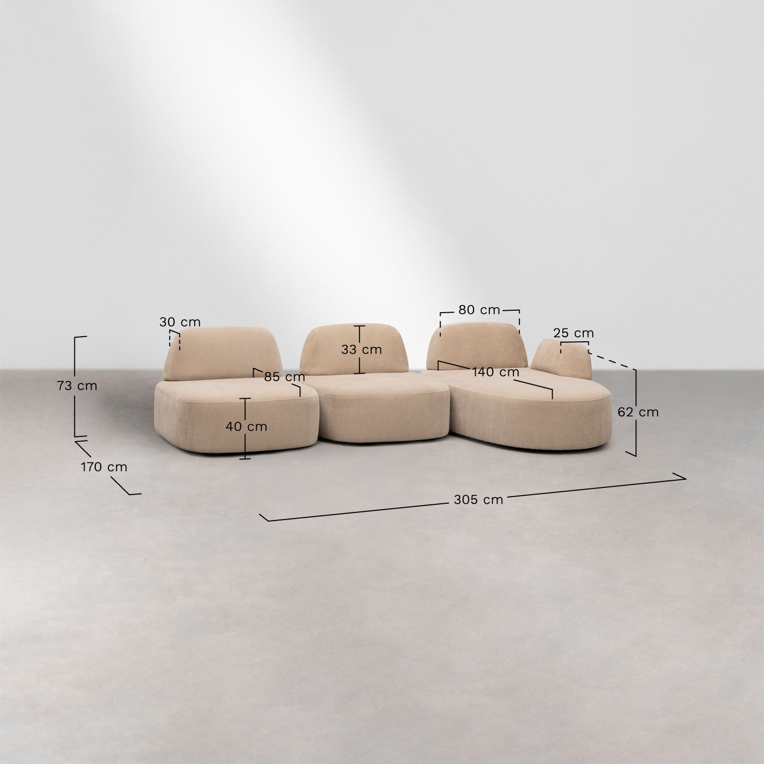 Sofá modular chaise longue direito de 3 peças e puff estofado Giorgia, Dimens&otilde;es